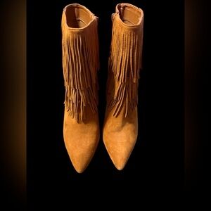 Steve Madden Myrakle Fringed Ankle Boots Chestnut Suede Pointed Toe Heels